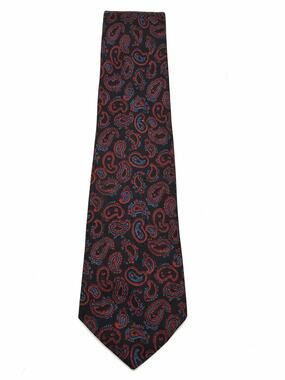 Vintage Silk Foulard Tie Black Red Blue Paisley Hand Blocked England Necktie